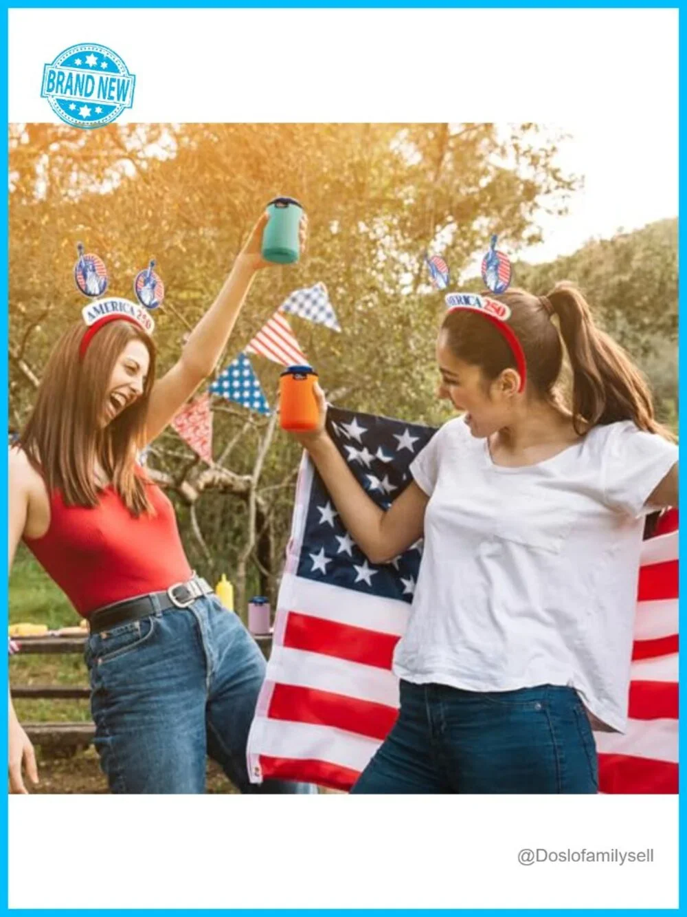 2 Pack Patriotic USA 250 Headbands 4th of July Hair Accessory Glitter